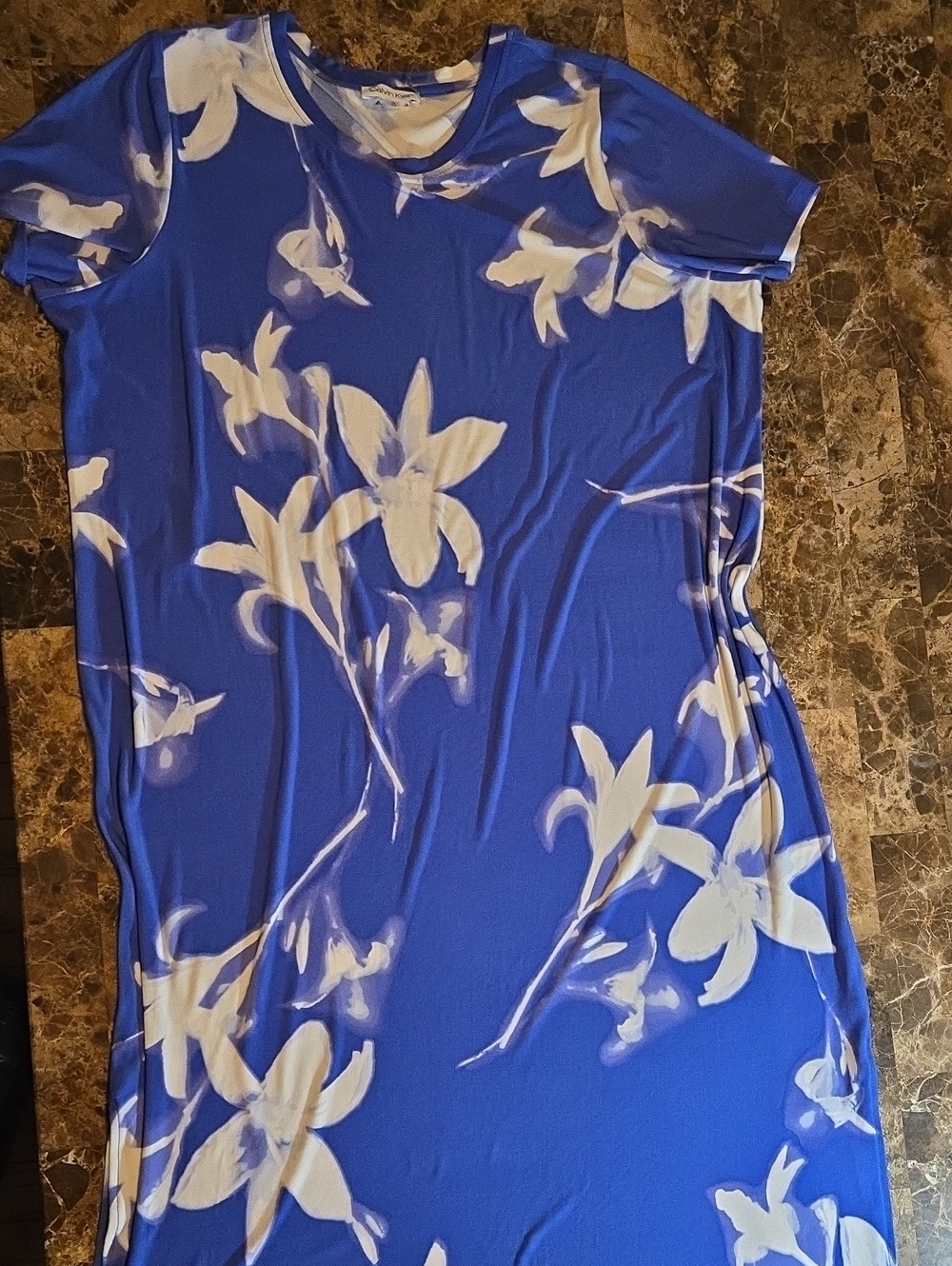 Calvin Klein Blue and White Floral Dress Crew Neckline Women's Sz 1X